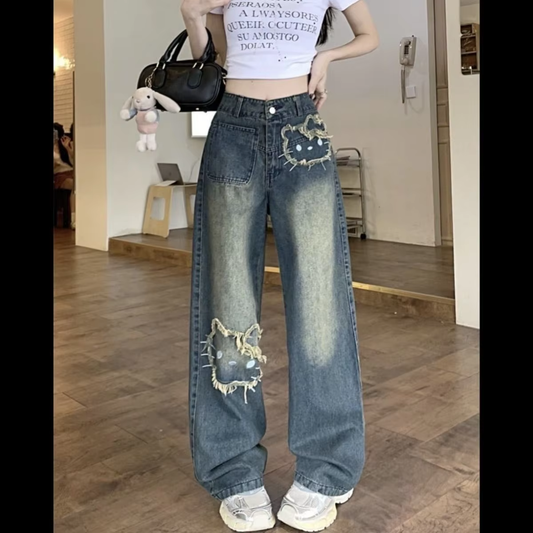 Kitty Korean Version Streetwear Jeans Women Vintage Blue Loose Straight Trousers Cartoon Fashion Wide Leg Pants Y2k