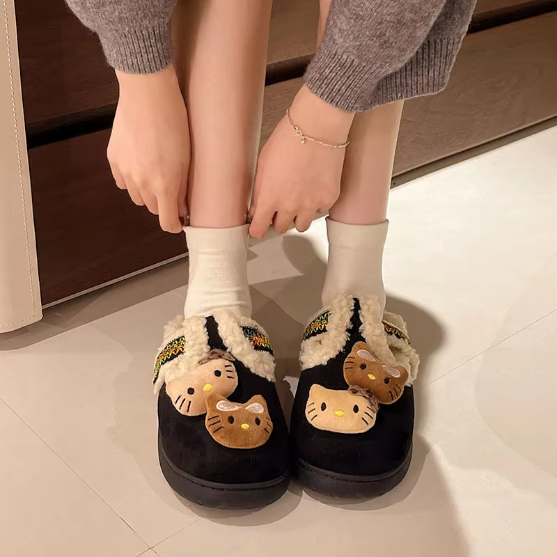 Kitty Plush Slippers – Thick Bottom, Warm Cotton, Winter Casual Home Shoes for Women