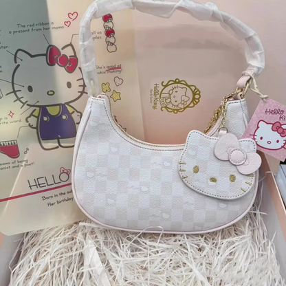 Sanrio Hello Kitty Plaid Shoulder Bag - Cute PU Leather Handbag with Large Capacity