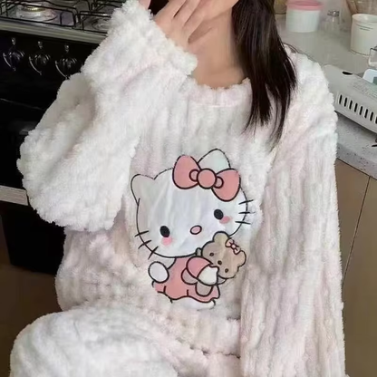 Hello Kitty Coral Velvet Pajamas – Cute Thickened Flannel Trousers & Sweet Homewear for Women