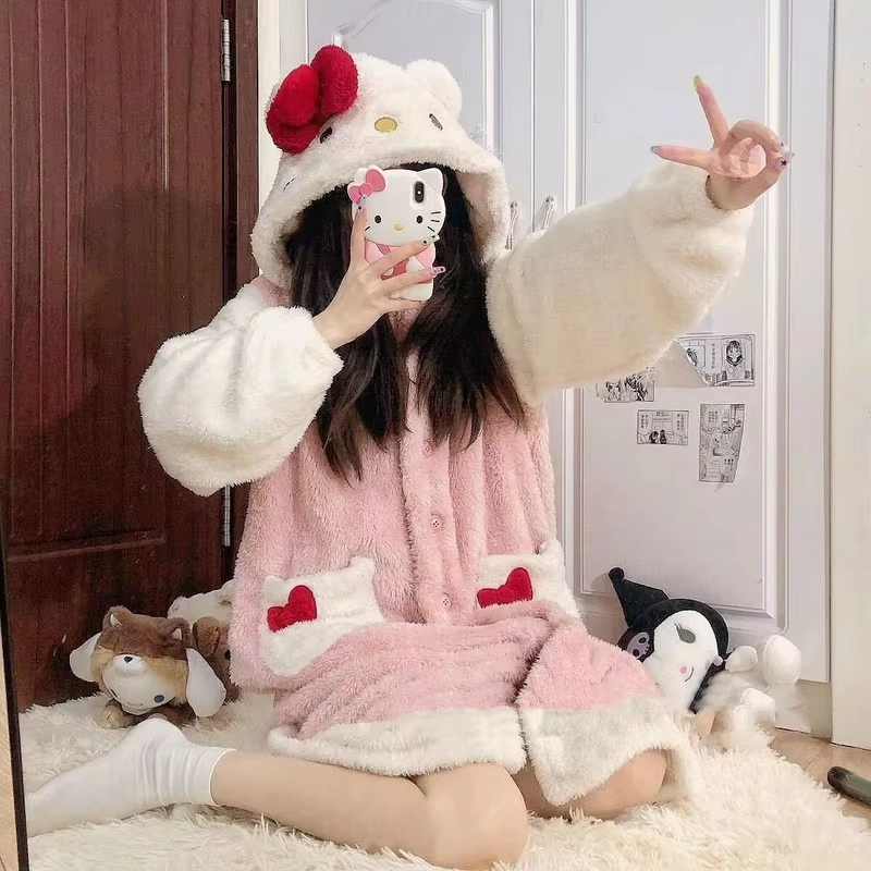 2024 Hello Kitty Coral Velvet Pajamas – Cute Thickened Bathrobe & Long Winter Nightgown Set for Women