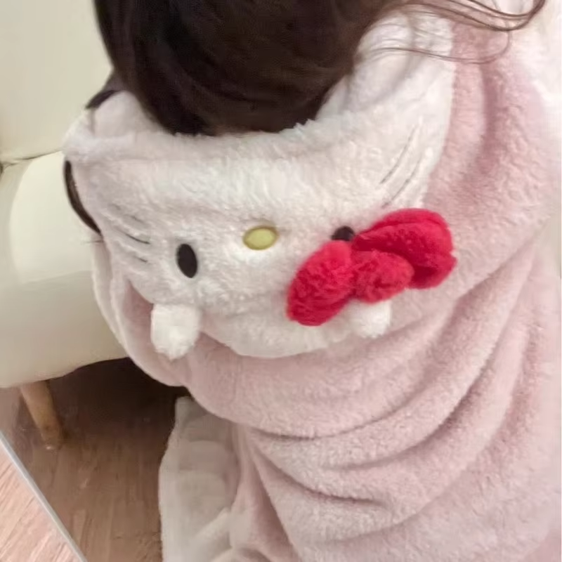 2024 Hello Kitty Coral Velvet Pajamas – Cute Thickened Bathrobe & Long Winter Nightgown Set for Women