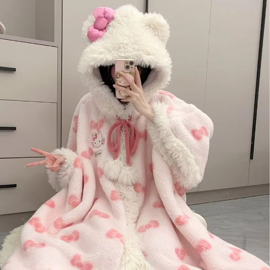 New Sanrio Hello Kitty Heart Pajamas – Plus Velvet Thickened Hooded Cloak Bathrobe, Kawaii Warm Home Wear