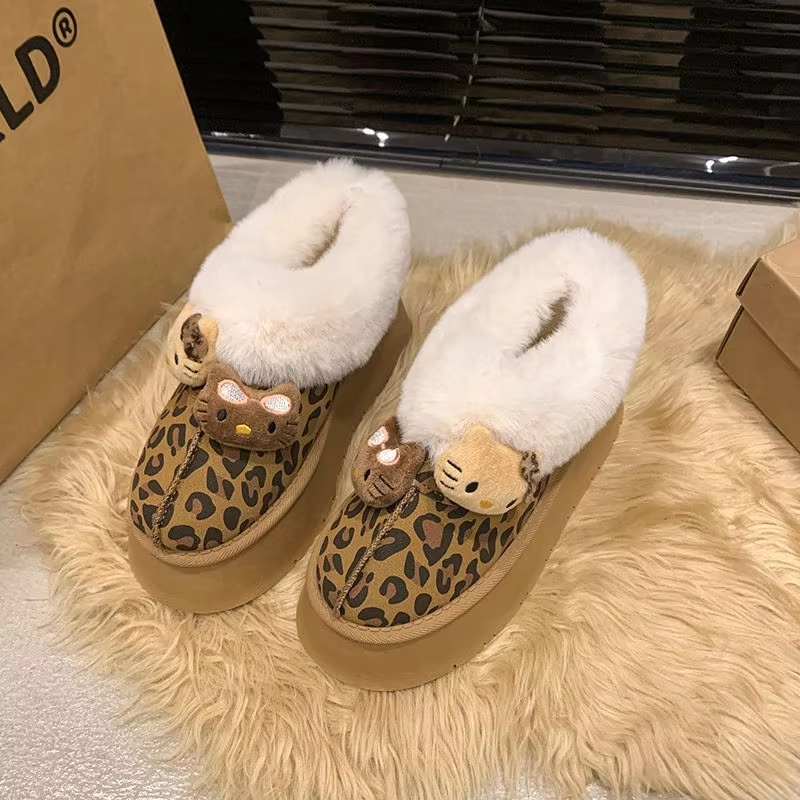 Girls' Winter Snow Boots  Kitty Leopard Print, Warm & Anti-Slip Design