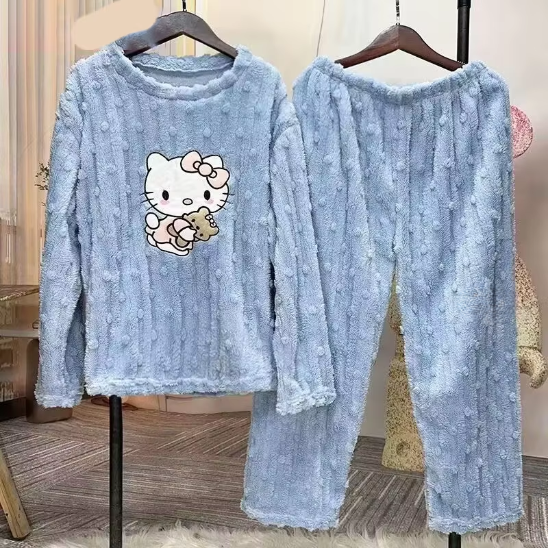 Hello Kitty Coral Velvet Pajamas – Cute Thickened Flannel Trousers & Sweet Homewear for Women