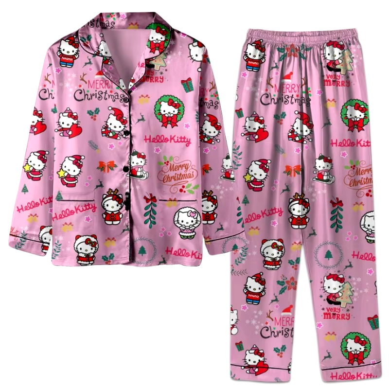 Cozy Kawaii Hello Kitty Christmas Pajama Set - Trendy Unisex Long Sleeve & Pants for All Seasons!