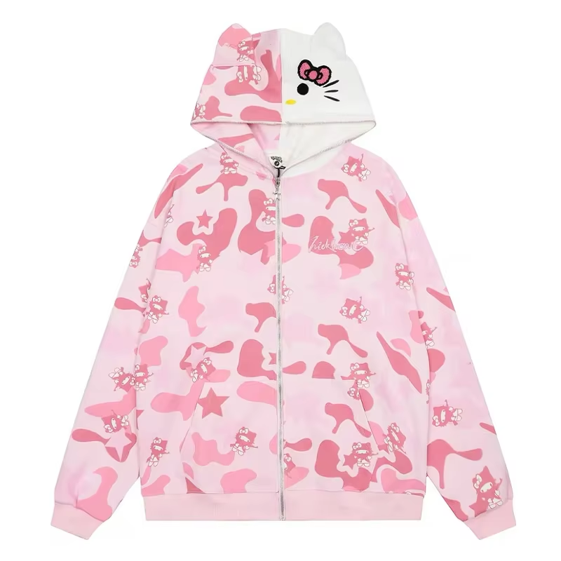 Hello Kitty Oversized Zip-Up Hoodie - Camouflage Streetwear Cardigan for Women