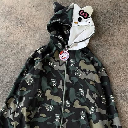 Hello Kitty Oversized Zip-Up Hoodie - Camouflage Streetwear Cardigan for Women