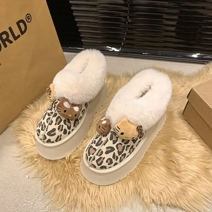 Girls' Winter Snow Boots  Kitty Leopard Print, Warm & Anti-Slip Design