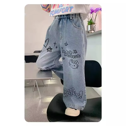 2024 Girls' Wide Leg Jeans – Cute & Versatile Straight Tube Pants for Spring & Autumn