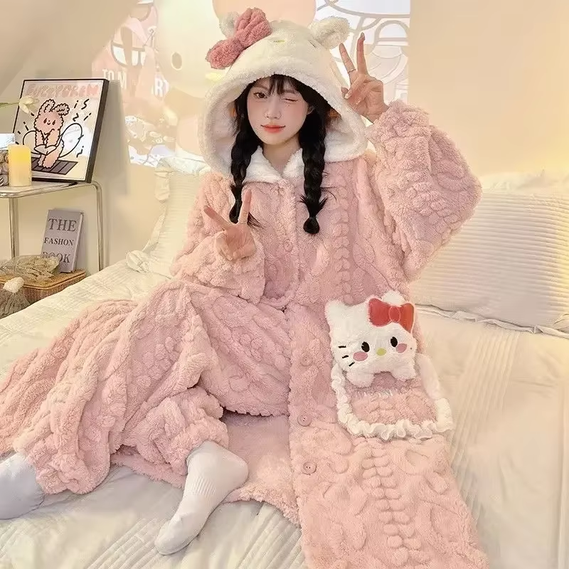 Kitty Coral Velvet Pajamas – 2024 Winter Plush Two-Piece Robe, Thickened Homewear Suit for Women