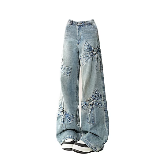 Blaue Jeans mit Schleife für Damen – Harajuku Y2K-Ästhetik, Baggy-Vintage-Jeanshose, übergroßer 2000er-Jahre-Stil