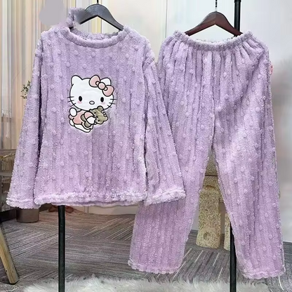 Hello Kitty Coral Velvet Pajamas – Cute Thickened Flannel Trousers & Sweet Homewear for Women