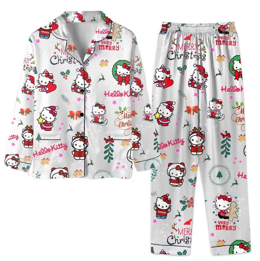 Cozy Kawaii Hello Kitty Christmas Pajama Set - Trendy Unisex Long Sleeve & Pants for All Seasons!