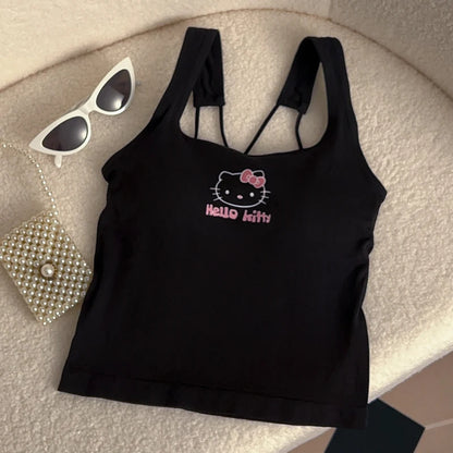 Tílko Hello Kitty Cross Back s hrudními vycpávkami - Crop Top ve stylu Y2K