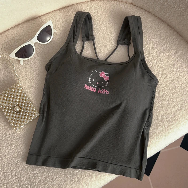 Tílko Hello Kitty Cross Back s hrudními vycpávkami - Crop Top ve stylu Y2K