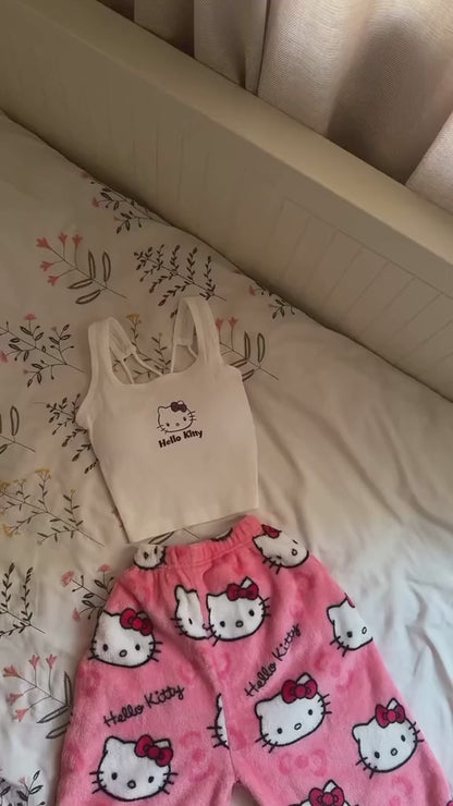 Hello Kitty Tanktop mit überkreuztem Rücken und Brustpolstern – Crop Top im Y2K-Stil